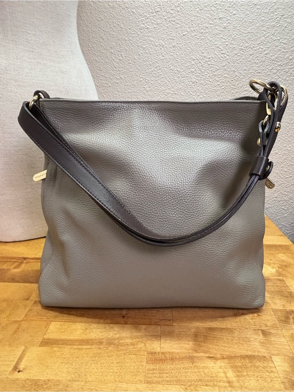 Valentina Gray Pebbled Leather Shoulder Bag with Black Strap - Picture 11 of 15